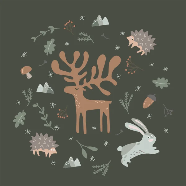 Print deer, hare and hedgehog in circle shape. Nordic style forest for kids. Cute art with funny animals. Black background. Winter print for childrens room . Woodland creatures. — Vettoriale Stock