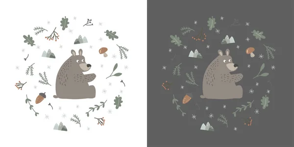 Urso de impressão em forma de círculo. Floresta de estilo nórdico para crianças. Fundo branco e preto. Arte de inverno para quarto de crianças. Criaturas da floresta. — Vetor de Stock