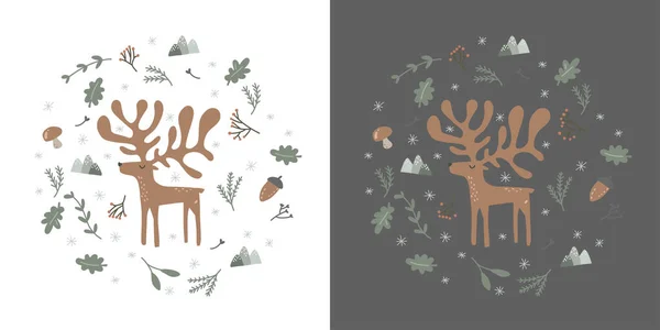 Nordic style forest for kids. Print deer in circle shape. White and black background. Winter art for childrens room . Woodland creatures. — Stock vektor