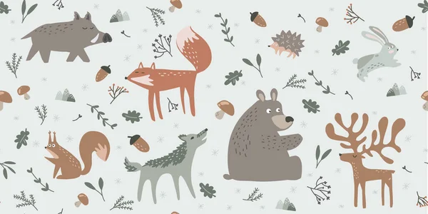Hayvanları ormana yerleştir. Ayı, geyik, tilki, tavşan, kurt, sincap, yaban domuzu ve kirpi. Çocuklar için İskandinav tarzı orman. Çocuklar için hoş bir sanat. Orman yaratıkları. — Stok Vektör
