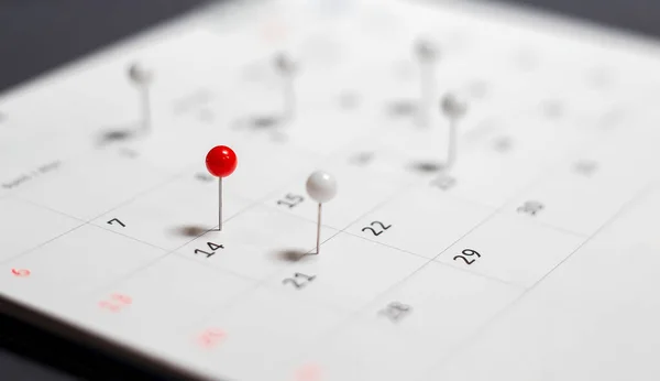 Close Calendar Pushing Red White Pins Appointment Reminder Planning Ideas — стоковое фото