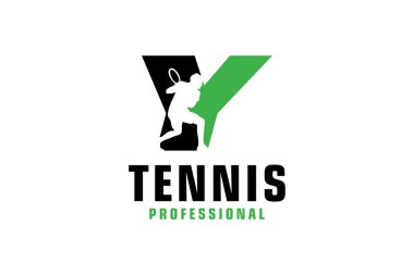 Tenisçi silueti logosu olan Y harfi. Spor Takımı veya Şirket için Vektör Tasarım Şablonu Elementleri.