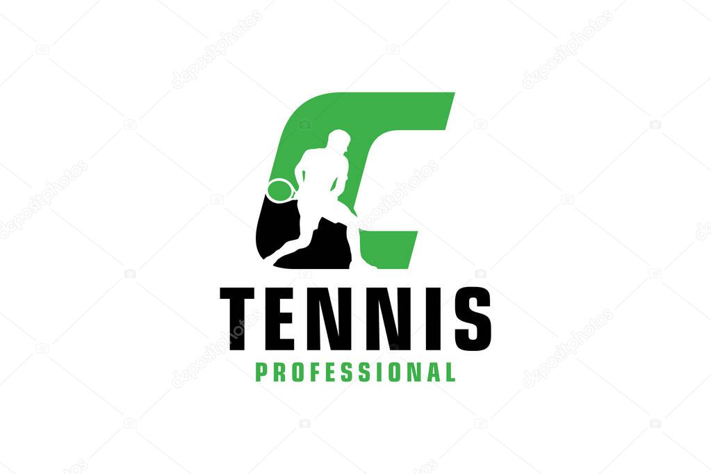 Letter C with Tennis player silhouette Logo Design. Vector Design Template Elements for Sport Team or Corporate.