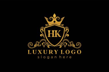 Restaurant, Royalty, Boutique, Cafe, Hotel, Heraldic, Mücevher, Moda ve diğer vektör illüstrasyonları için HK Kraliyet Logosu vektör sanatı şablonu.