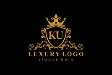 Restoran, Kraliyet Logosu, Butik, Cafe, Otel, Heraldic, Mücevher, Moda ve diğer vektör illüstrasyonları için vektör sanatı KU Letter Royal Logo şablonu.