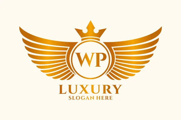 豪華なロイヤルウィングレターWpのクレストゴールドカラーロゴベクトル 勝利のロゴ クレストロゴ 翼のロゴ ベクトルロゴ — ストックベクタ
