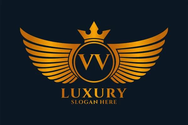 豪華なロイヤルウィングレターVvのクレストゴールドカラーロゴベクトル 勝利ロゴ クレストロゴ 翼のロゴ ベクトルロゴ — ストックベクタ