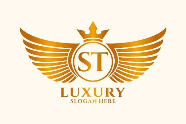 豪華な王室の翼の手紙Stのクレストゴールドカラーロゴベクトル 勝利のロゴ クレストロゴ 翼のロゴ ベクトルロゴ — ストックベクタ