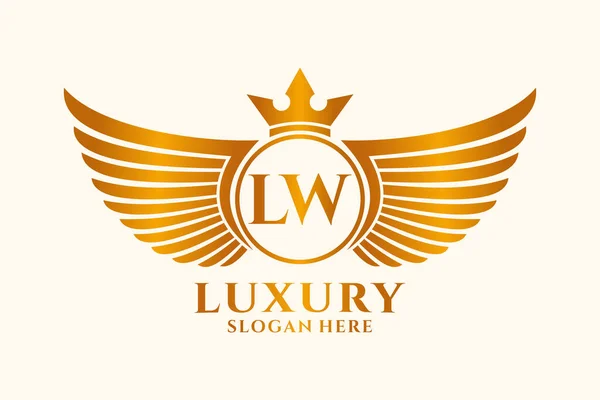 豪華なロイヤルウィングレターLwのクレストゴールドカラーロゴベクトル 勝利ロゴ クレストロゴ 翼のロゴ ベクトルロゴ — ストックベクタ