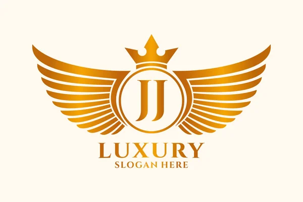 豪華なロイヤルウィングレターJjのクレストゴールドカラーロゴベクトル 勝利ロゴ クレストロゴ 翼ロゴ ベクトルロゴ — ストックベクタ