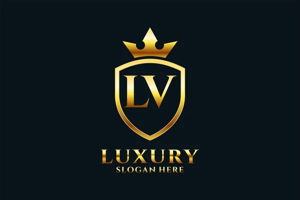 Logotipo Monograma Luxo Elegante Modelo Crachá Com Pergaminhos Coroa Real — Vetor de Stock