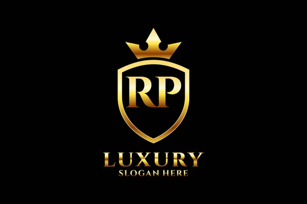 Élégant Logo Monogramme Luxe Modèle Badge Avec Rouleaux Couronne Royale — Image vectorielle