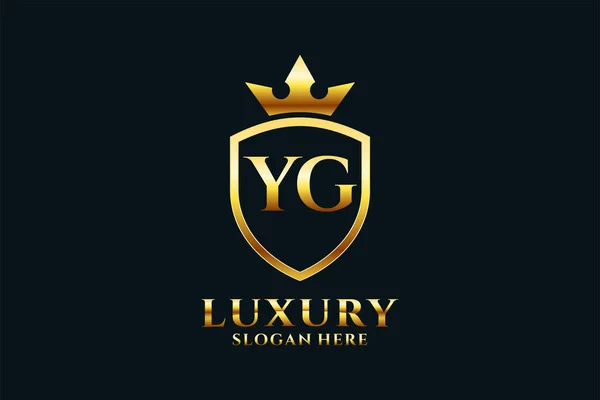 Logotipo Monograma Luxo Elegante Modelo Crachá Com Pergaminhos Coroa Real — Vetor de Stock