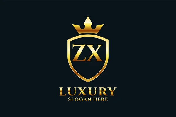 Logotipo Monograma Luxo Elegante Modelo Crachá Com Pergaminhos Coroa Real —  Vetores de Stock