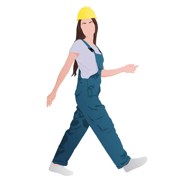 Walking Young Woman Wears Blue Overall Yellow Helmet Vector Flat — Stock vektor