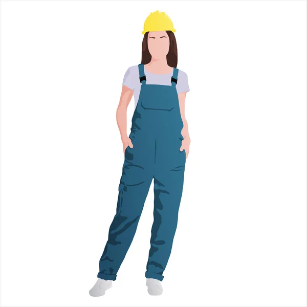 Young Woman Wears Blue Overall Yellow Helmet Arms Pockets Vector — Stock vektor