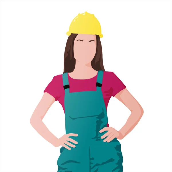 A young woman with yellow helmet hands hips wears a green overall. Vector flat-style illustration isolated on white