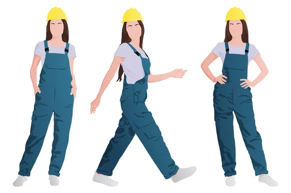 A young woman wears a blue overall and yellow helmet. Vector flat-style illustrations set isolated on white. Eps10