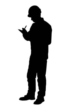 Kasklı bir işçi silueti. Beyaz üzerine izole edilmiş vektör düz biçim illüstrasyonu