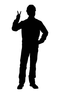 Kasklı bir işçi silueti. Beyaz üzerine izole edilmiş vektör düz biçim illüstrasyonu