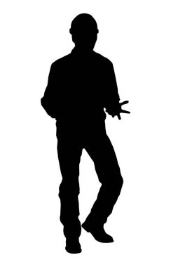 Kasklı bir işçi silueti. Beyaz üzerine izole edilmiş vektör düz biçim illüstrasyonu