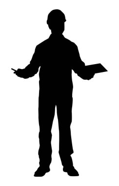 Kasklı bir işçi silueti. Beyaz üzerine izole edilmiş vektör düz biçim illüstrasyonu