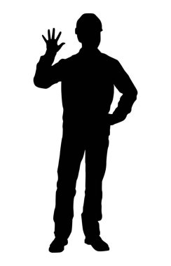 Kasklı bir işçi silueti. Beyaz üzerine izole edilmiş vektör düz biçim illüstrasyonu