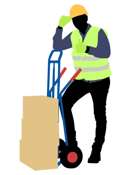 Silhouette Workers Helmet Worker Pulling Cargo Trolley Vector Flat Style — Stock Vector