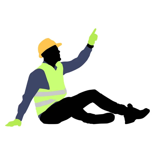 Silhouette Worker Helmet Worker Sitting Ground Vector Flat Style Illustration — Stock Vector