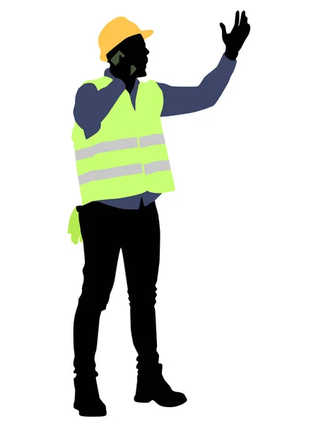 Silhouette Eines Arbeiters Mit Helm Vektor Flachbild Illustration Isoliert Auf — Stockvektor