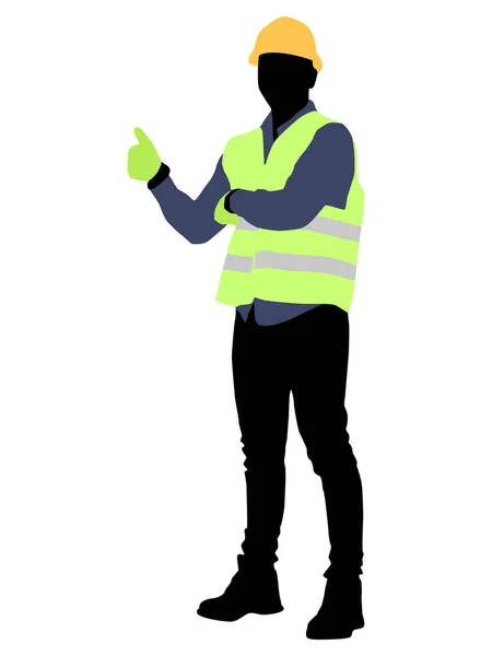 Silhouette Worker Helmet Vector Flat Style Illustration Isolated White — Stock Vector