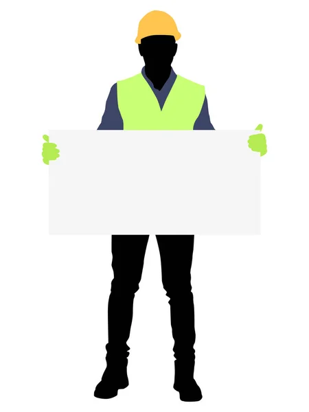 Silhouette Travailleurs Avec Casque Travailleur Tenant Une Pancarte Illustration Vectorielle — Image vectorielle