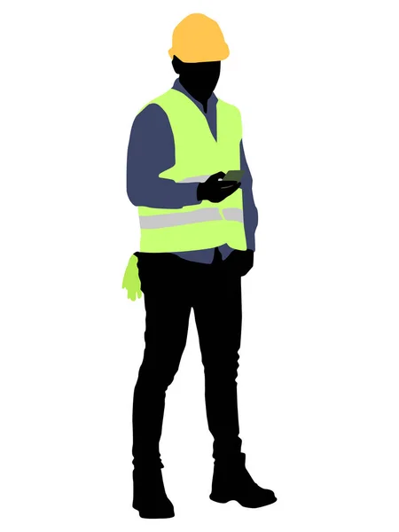 Silhouette Worker Helmet Vector Flat Style Illustration Isolated White — Stock Vector