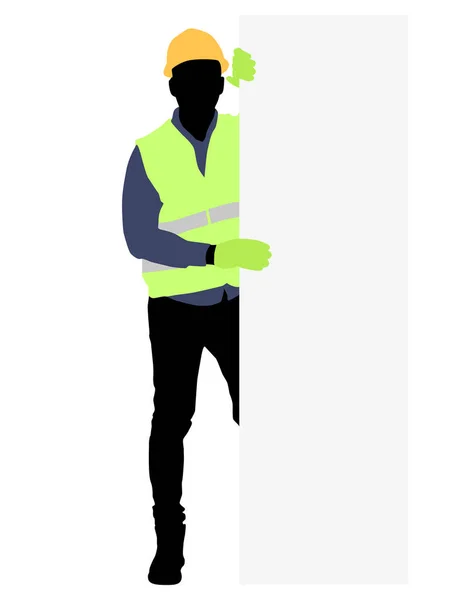 Silhouette Lavoratori Con Casco Operaio Con Cartello Illustrazione Vettoriale Stile — Vettoriale Stock