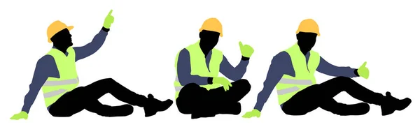 Silhouettes Set Workers Helmets Worker Sitting Ground Vector Flat Style — Stock Vector