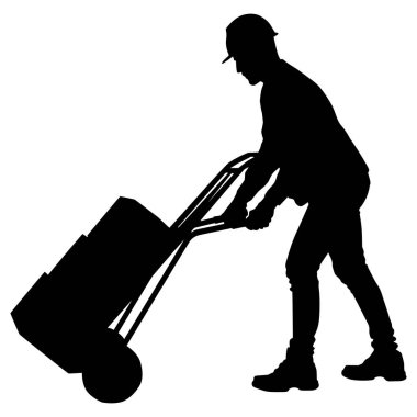 Kasklı işçilerin silueti. Kargo vagonunda çalışan bir işçi. Beyaz üzerine izole edilmiş vektör düz biçim illüstrasyonu