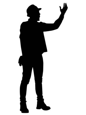 Kasklı bir işçi silueti. Beyaz üzerine izole edilmiş vektör düz biçim illüstrasyonu