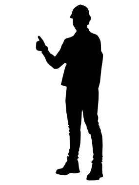 Kasklı bir işçi silueti. Beyaz üzerine izole edilmiş vektör düz biçim illüstrasyonu