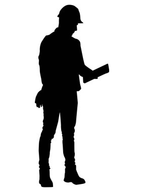 Kasklı bir işçi silueti. Beyaz üzerine izole edilmiş vektör düz biçim illüstrasyonu