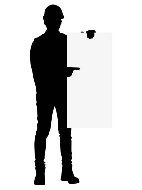 Kasklı işçilerin silueti. Elinde tabela tutan bir işçi. Beyaz üzerine izole edilmiş vektör düz biçim illüstrasyonu