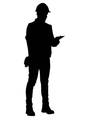 Kasklı bir işçi silueti. Beyaz üzerine izole edilmiş vektör düz biçim illüstrasyonu