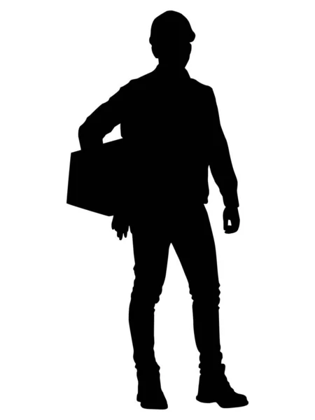戴头盔的工人的轮廓 一个工人拿着一个箱子 在白色上孤立的向量平面样式图解 — 图库矢量图片