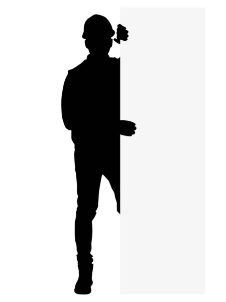 Силуэт Рабочих Шлеме Рабочий Табличкой Векторная Плоская Иллюстрация Изолированная Белом — стоковый вектор