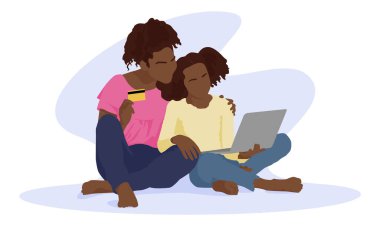 Afrikalı Amerikalı anne ve genç çocuk internetten bir şey satın alıyorlar. Beyaz üzerine izole edilmiş vektör düz biçim illüstrasyonu