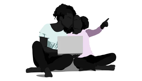 Glückliche Afroamerikanische Mutter Und Teenie Kind Mit Dem Laptop Vektor — Stockvektor