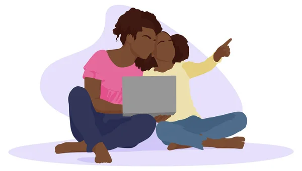 Happy African American Mother Teen Kid Using Laptop Vector Flat — Stock Vector