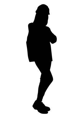 Çapraz elli, kask ve yelek giyen bir kadın işçinin silüeti. Beyaz üzerine izole edilmiş vektör düz stil çizimi. Tam uzunluk görünümü