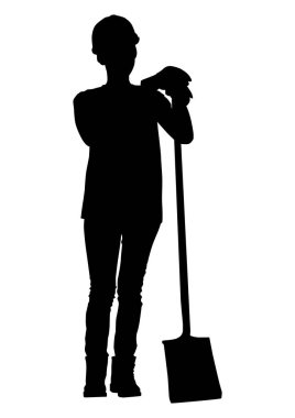 Kask ve yelek giymiş elinde kürek tutan güçlü bir kadın işçinin silüeti. Beyaz üzerine izole edilmiş vektör düz stil çizimi. Tam uzunluk görünümü