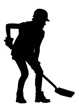 Kask ve yelek giymiş elinde kürek tutan güçlü bir kadın işçinin silüeti. Beyaz üzerine izole edilmiş vektör düz stil çizimi. Tam uzunluk görünümü