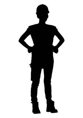 Kask, yelek ve alet kemeri takan bir kadın işçinin silüeti. Beyaz üzerine izole edilmiş vektör düz stil çizimi. Tam uzunluk görünümü